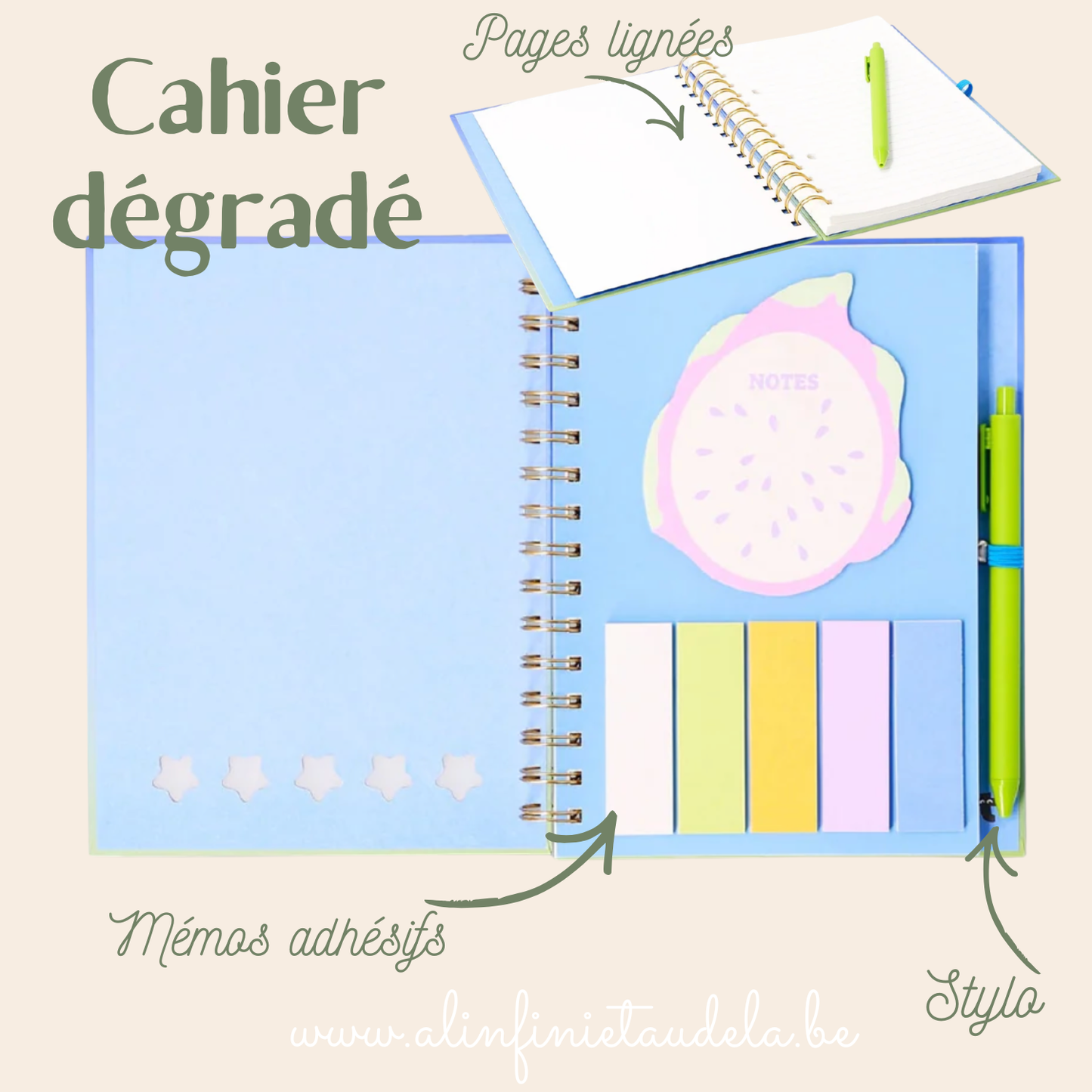 Cahier dégradé avec mémos et stylo