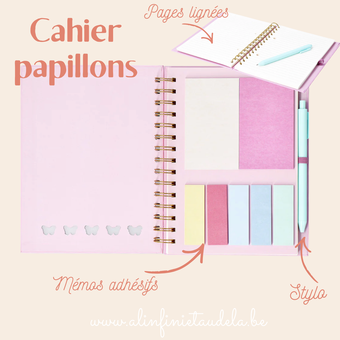 Cahier papillon rose avec mémos et stylo